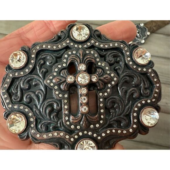 RHINESTONE CROSS STUDDED WIDE BROWN TOOLED LEATHER BELT Size Med - Large - Picture 10 of 11